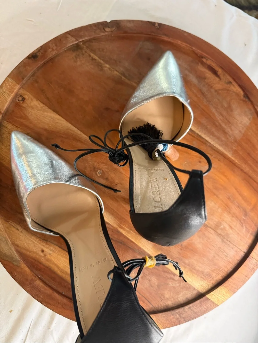 J. Crew Silver Pointed D'Orsay Flats with Black Heel and Lace Tie
